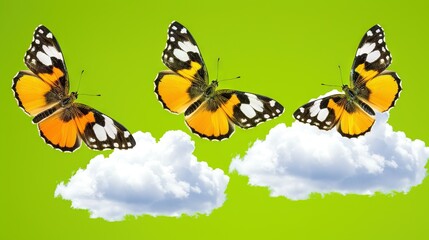  Three heart-shaped butterflies on green cloud backgrounds with white clouds