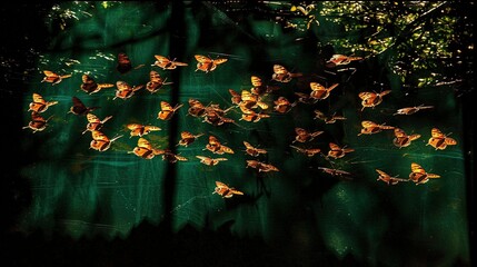   A group of butterflies hovering over a forest lake surrounded by dense trees