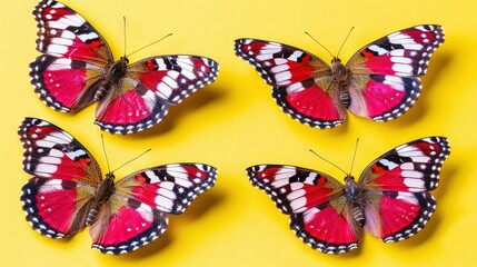   Red-white butterflies sit atop the black-yellow surface