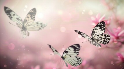   A flutter of white butterflies dances above a field of pink blossoms under a soft light background