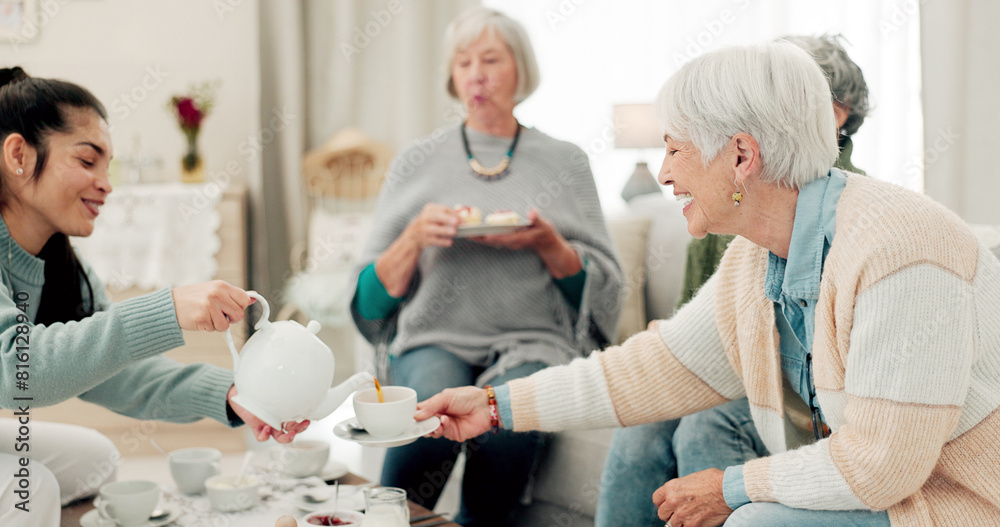 Poster Senior women, tea and friends at a retirement home for quality time, chat or relax. Elderly people or group with a caregiver at a table for food and social visit while drinking and eating together