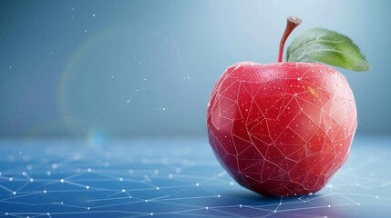 Low poly apple fruit with polygonal wireframe concept on blue background. AI generated image hyper realistic 