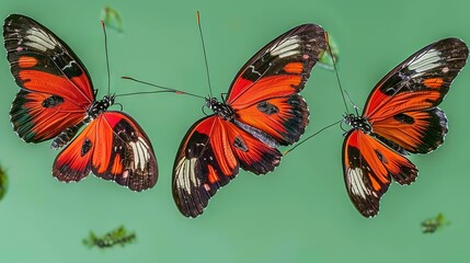  Three orange and black butterflies flying together on a green leafy surface