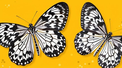 Obraz premium Two butterflies with black-white wings on a yellow background with water bubble reflection beneath their wings