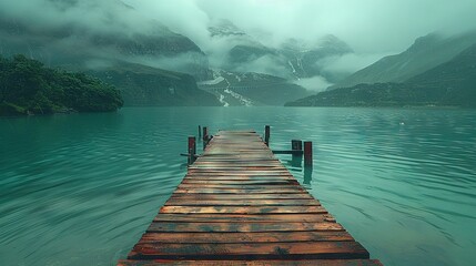 Wooden dock in front of mountains and behind clouds, surrounded by water - Powered by Adobe