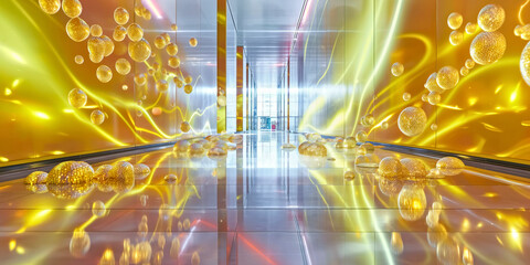 Modern futuristic corporate environment, enhanced by a unique and golden bubble motif along its reflective walls and floor