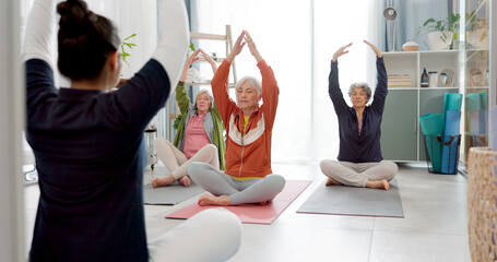 Senior people, yoga class and coach in meditation, lotus and prayer hands for exercise, holistic...