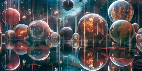 Mystical Cosmic Orbs in a Celestial Space. Concept many worlds, fantasy and science fiction