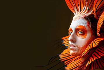 Fashion portrait person with striking fish tail makeup in vibrant orange and white, set against dark background.