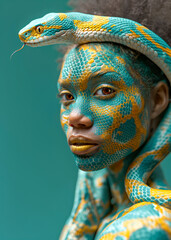Woman covered in snake body art with a live green yellow snake draped around her neck against green background