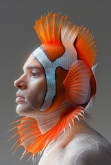 Surreal portrait of a young person with fish-like features, including vibrant orange fins and scales. Concept anthropomorphism, Mutationism and Beauty