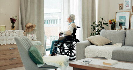 Senior woman, wheelchair and thinking by window in retirement for dream, memory or remember at...