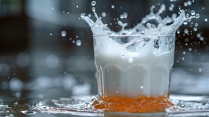   A detailed image of a glass filled with milk, featuring droplets of water both at the surface and base