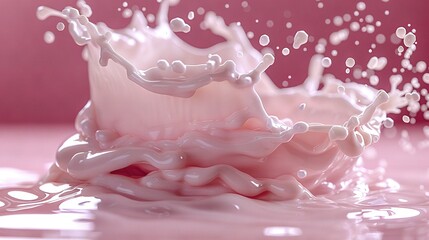   A milk splash on a pink background with a pink wall in close-up view