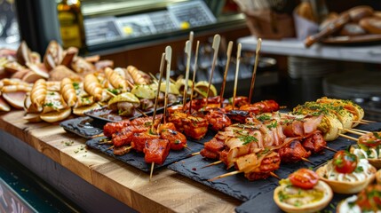 Pinchos and tapas typical of the Basque Country, Spain. Selection of different types of foods to choose from. San Sebastian hyper realistic 