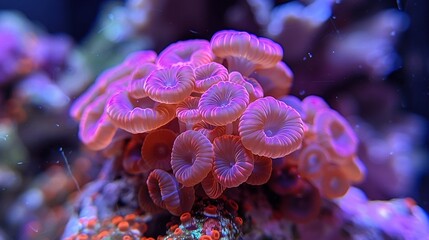   A close-up photo of several corals on a coral reef with other corals visible in the background