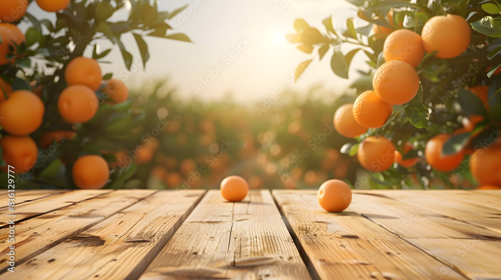 Poster empty wood table with free space over orange trees orange field background for product display monta