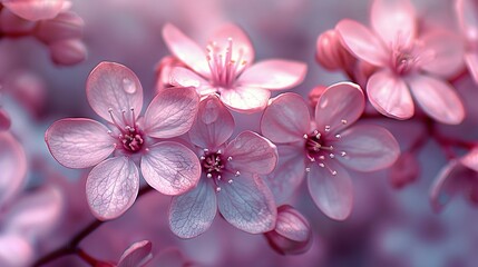   A close-up of pink flowers with water droplets on their petals and petals in the middle - Powered by Adobe