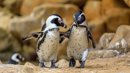 Obraz premium Two African Penguins engage in a bonding behavior, creating an intimate moment in their rocky environment