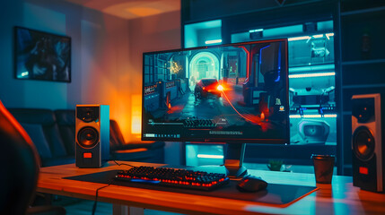 Fototapeta premium Empty Gaming Station with Computer Screen Showing Fantasy RPG Strategy Video Game Online eSports Gaming Tournament Live Stream Monitor on a Table in a Futuristic Cyberpunk Room with Ne : Generative AI