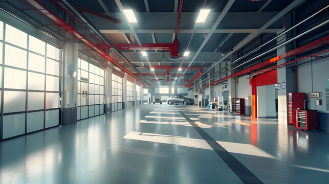 New car repair center Empty car repair center Interior of empty car dealership : Generative AI