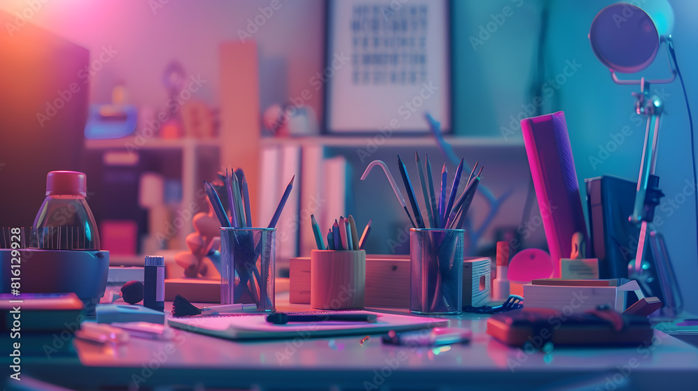 Poster Hipster working items for minimal workspace concept with big copy space : Generative AI