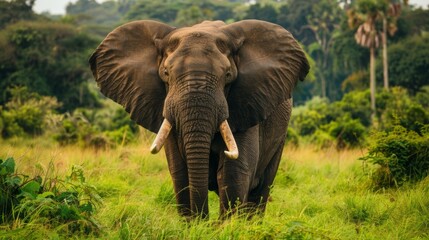 Obraz premium Impressive frontal shot of a majestic elephant with its ears spread wide, evoking a sense of power and presence