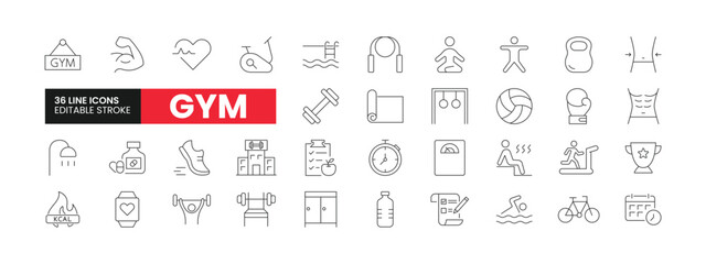 Set of 36 Gym line icons set. Gymoutline icons with editable stroke collection. Includes Barbell, Yoga, Gym Building, Bench, Exercise, and More.