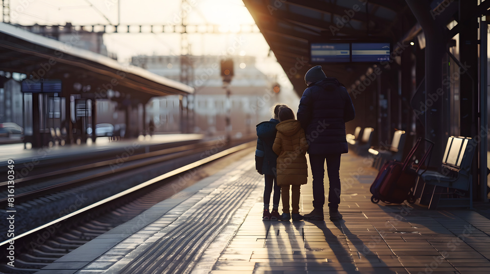 Aufkleber a family of three waiting on an empty railway platform for the arrival of a train : Generative AI