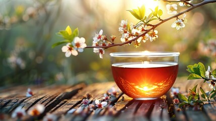   A cup of tea rests atop a wooden table beside an apple tree's bloom