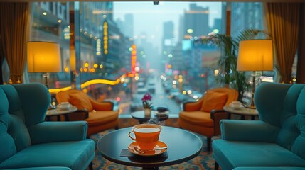   A cup of coffee sits on a table in a room with a street view through the window