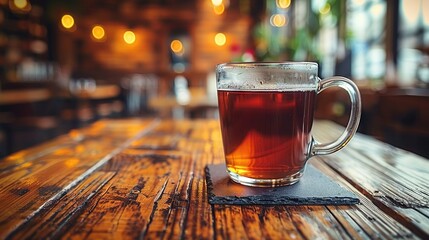   A cup of tea sits atop a wooden table alongside a glass of tea positioned on a coaster