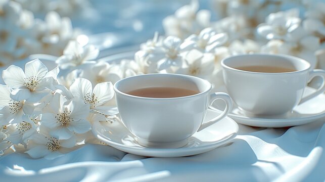  A close-up of two cups of coffee on a saucer with white flowers in the background