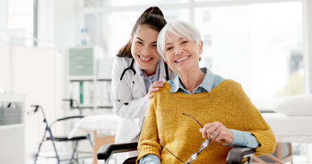Face, happy or doctor with old woman In wheelchair or consultation for healthcare in hospital clinic. Portrait, smile or medical worker consulting an elderly person with a disability in appointment