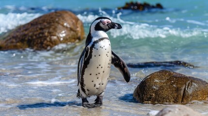 Fototapeta premium A crisp image of a solitary African penguin in its natural habitat by the ocean, showcasing wildlife in motion