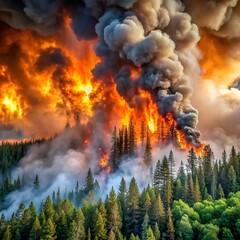 Fototapeta premium Intense wildfire engulfing a forest, with thick smoke and bright flames illuminating the darkening sky