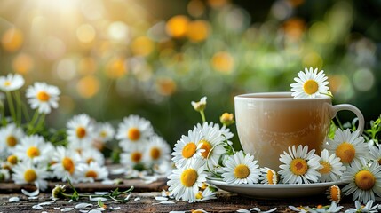   Coffee sits atop wooden table amidst white-yellow daisies
