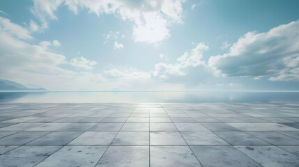 Empty square floor and lake with sky cloud landscape : Generative AI