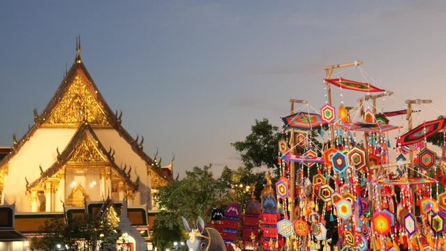 Asian cultural decorations and dance in front of temple