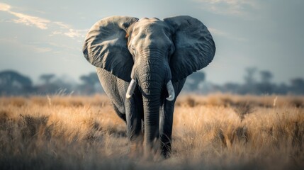 Obraz premium An emotive composition capturing a lone elephant as it walks through a grassy field on a misty morning
