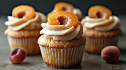   A high-quality photo of a cupcake with frosting and a fruit accompaniment displayed in full detail on a table surface