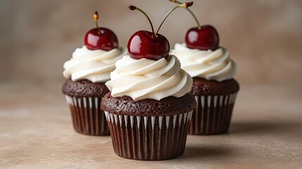   Three cupcakes, each with white frosting and a cherry on top