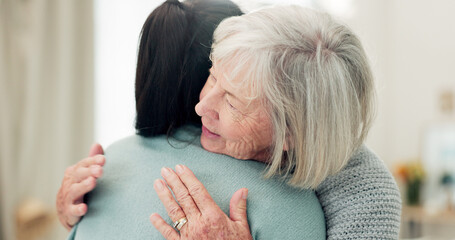Senior woman, hug and elderly care for thank you, gratitude or support for caregiver at old age...
