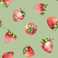 Seamless pattern of bright large watercolor strawberries