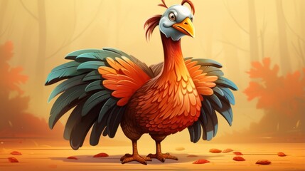 A bold and funny cartoon styled vibrant illustration of a confident turkey with an expressive face