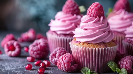   Raspberry cupcakes with pink frosting and raspberries scattered on a gray surface