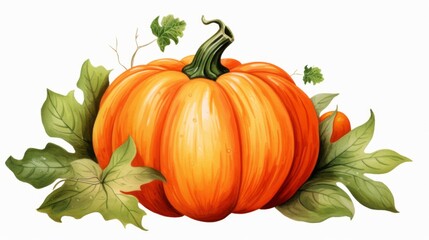 A beautifully illustrated ripe pumpkin surrounded by lush green leaves, depicting autumn harvest
