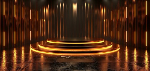 Shiny round stage illuminated warm lights dark background