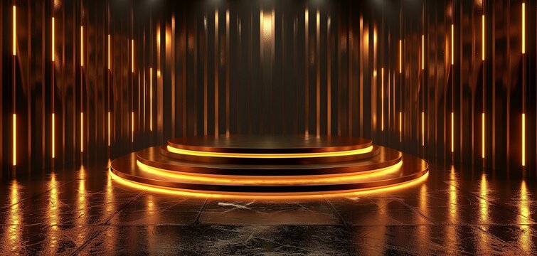 Shiny round stage illuminated warm lights dark background