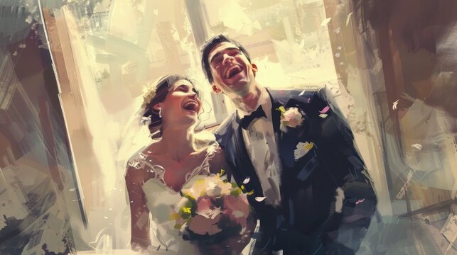 Laughing couple in a vibrant wedding scene